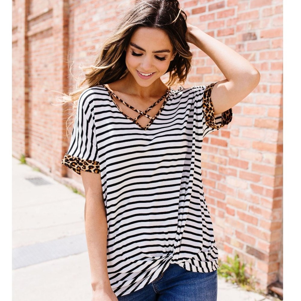 Black and white stripe with crisscross detail and leopard trim